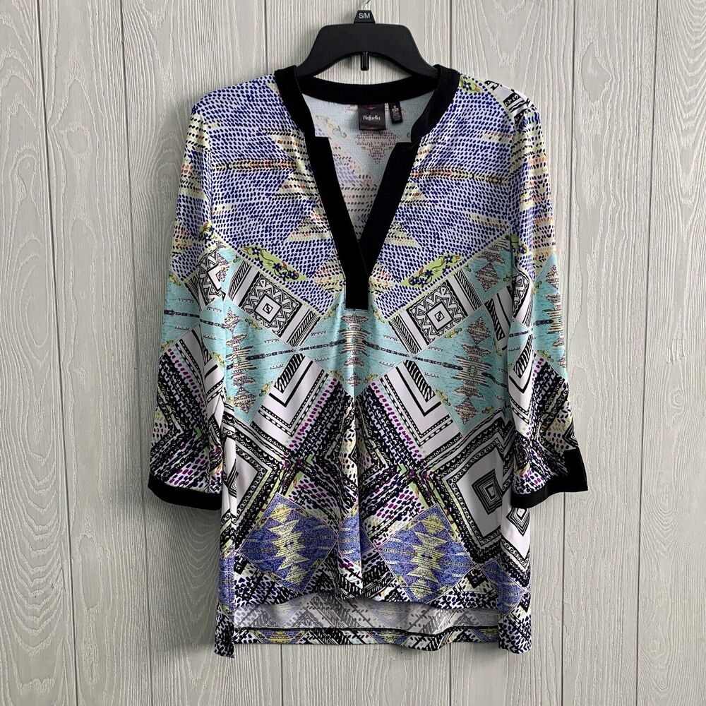 Rafaella Blue Green Black Geometric Print 3/4 Sleeve V-Neck Top Small